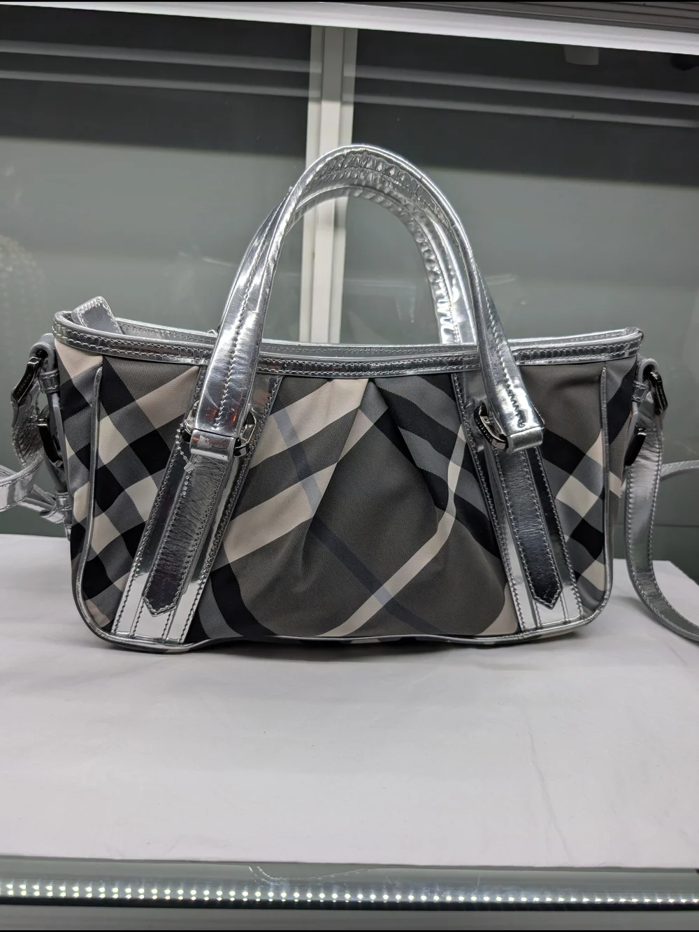 Burberry Black & Silver Plaid Tote Handbag